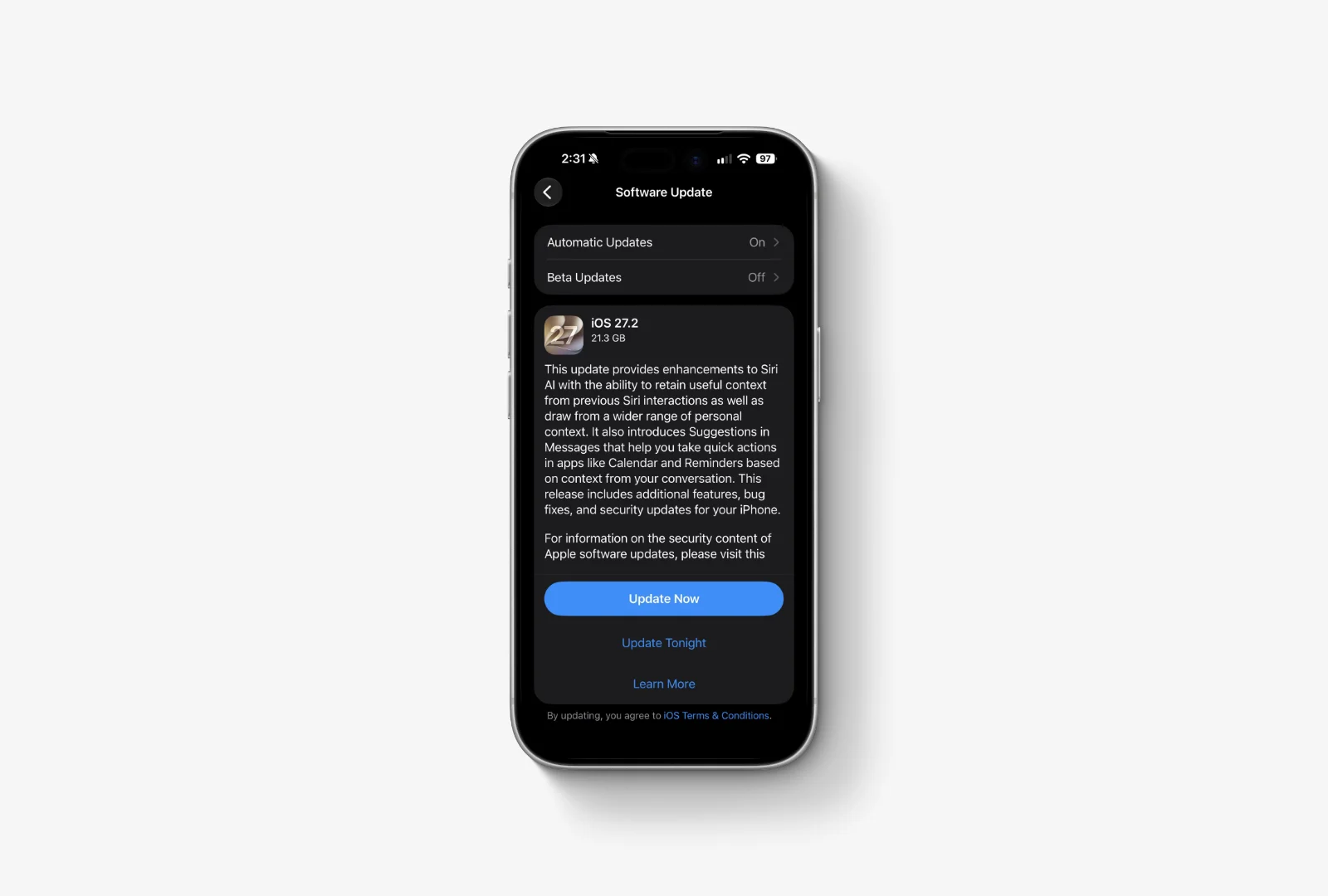 iPhone 17 Pro in silver showing the iOS 27.2 update screen on a white background