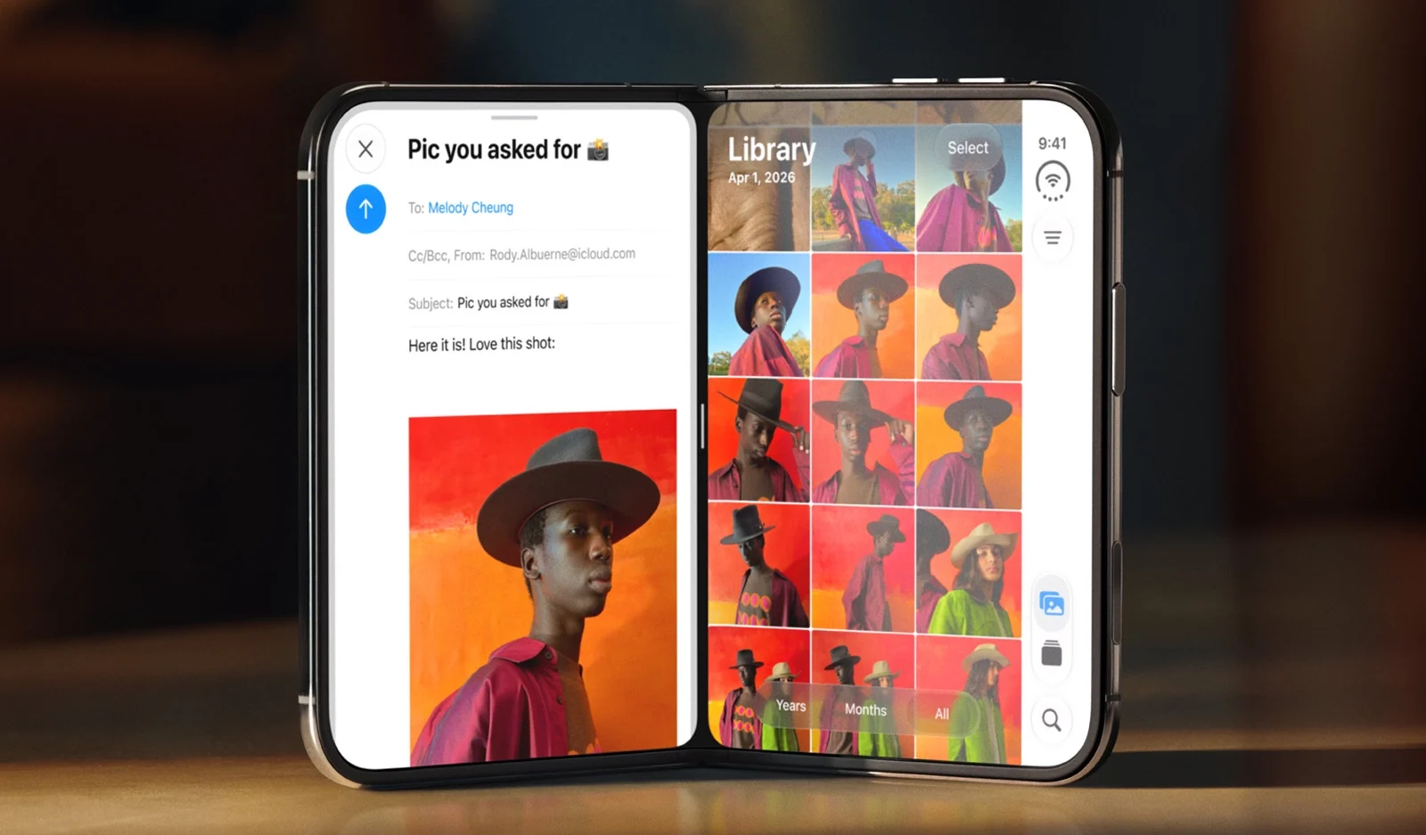iPhone Duo in partly opened position showing two apps running at the same time