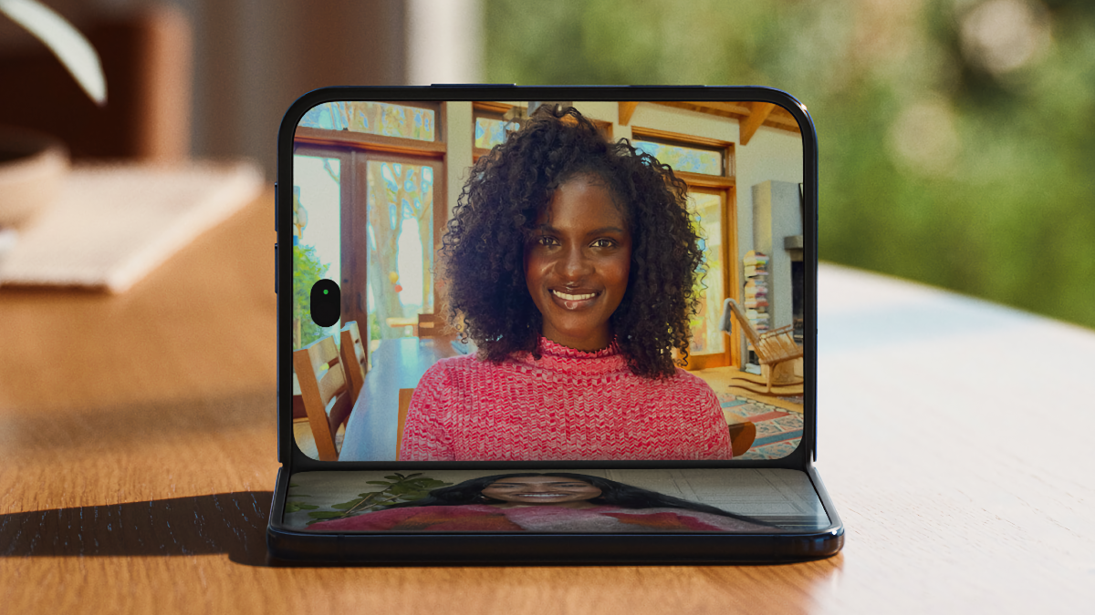 iPhone Duo half folded showing FaceTime call